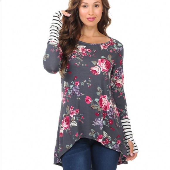Floral Long Sleeve High-Low Top - Picture 3 of 5
